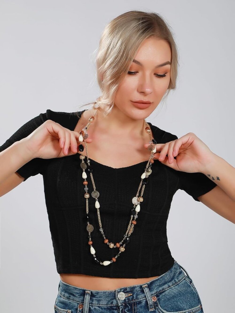 Long Necklaces for Women Trendy, Boho Layered Crystal Beaded Collar Necklaces fo - Picture 2 of 7